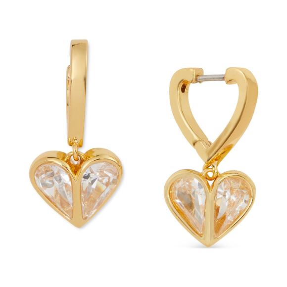 Kate Spade New York Jewelry - Kate Spade Gold-Tone Cubic Zirconia Heart Charm Huggie Hoop Earrings